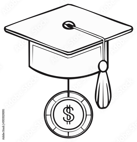 Graduation cap with dangling dollar coin symbolizes education cost and financial investment success in black and white line art