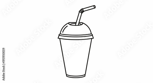 Outline Drawing of Drink in Plastic Cup with Straw Depicting Beverage Consumption and Refreshment Applicable for Design Projects Related to Food Services and Product Presentation from Cafe