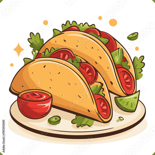 Vector illustration of crispy dosa served with chutney and sambar, isolated on a white background