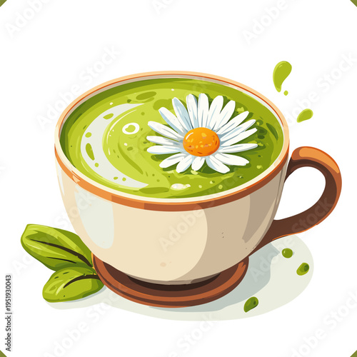 Vector illustration of matcha herbal drink in a cup with chamomile flowers and mint leaves, healthy organic beverage isolated on a white background