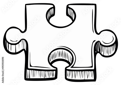 Hand drawn single puzzle piece with black outline and shading