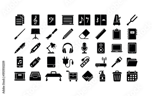 Music notation tools including sheet music pages, treble clef symbol card, bass clef symbol card, music staff board, note symbol