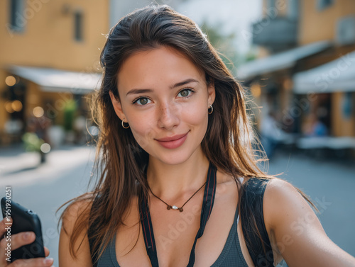 Young woman smiling while taking travel selfie in city Free Download Young woman smiling while taking travel selfie in city - GFXLoad