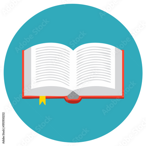 Open book with red cover and yellow bookmark flat icon illustration