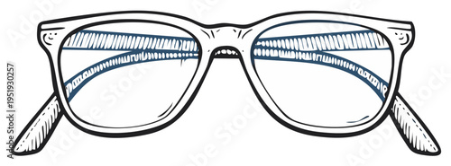 Hand-drawn sketch of classic spectacles with blue tinted lenses and black frames. Vintage style illustration.