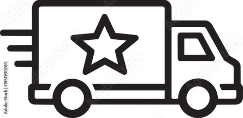 A black and white image of a delivery truck with a star on the side