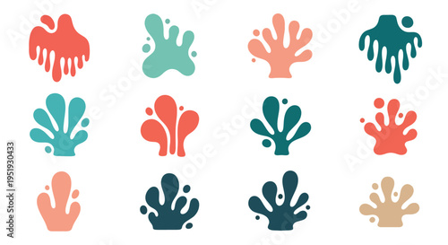 Collection of colorful sea life shapes on plain design with diverse organic elements suggesting underwater nature and coral reefs perfect for marine life themes and creative designs ranging from