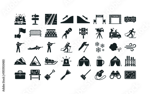 Nordic ski shooting environment and race course elements showing snowy forest trees, winter trail marker, ski track grooves,