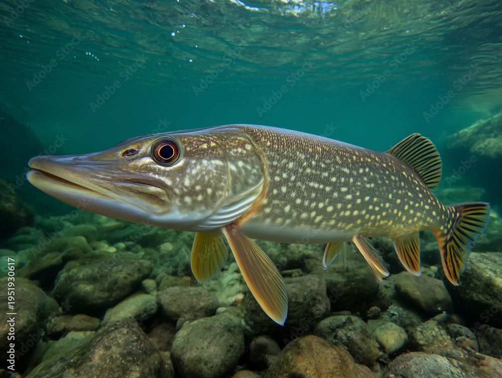 Fototapeta premium Northern pike swimming calmly underwater on rocky bottom