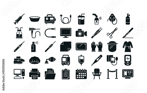 Otolaryngology clinic treatment accessories featuring ear irrigation syringe, irrigation basin bowl, suction pump unit, suction