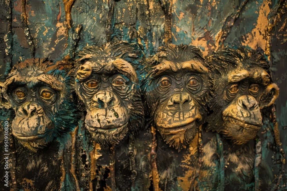 Obraz premium Four monkey heads are emerging from a colorful jungle wall, creating a captivating and artistic scene