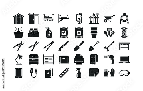 Outdoor shed organization accessories featuring garden shed building, sliding storage door, overhead ceiling rack, wall bracket