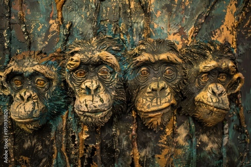 Four monkey heads are emerging from a colorful jungle wall, creating a captivating and artistic scene