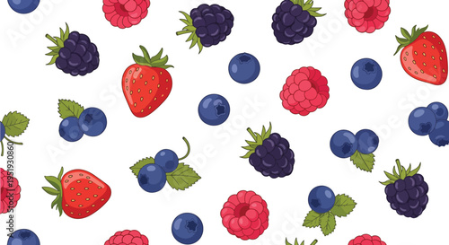 Assortment of Fresh Berries Seamlessly Repeating for Textile Prints Food Packaging and Wallpaper Designs Collection of Strawberries Blueberries Raspberries and Blackberries for Healthy Nutrition