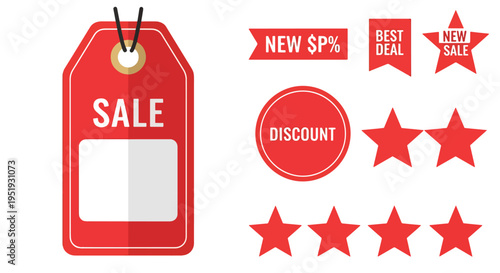 Red Price Tags and Star Ratings for Online Shopping Promotions and Retail Sales Offers Promotion Symbols and Shapes for Discount Offers and Deals with Blank Space for Personalized Text or