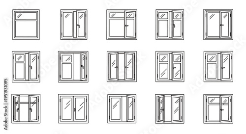 Window styles presented in a construction and architecture display showcasing variety and design possibilities for residential and commercial buildings enhancing property aesthetics with light