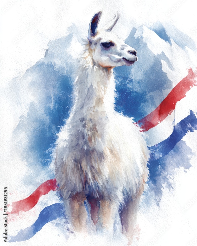 Obraz premium Watercolor illustration of a white llama with mountain landscape and abstract ribbons in red and blue colors