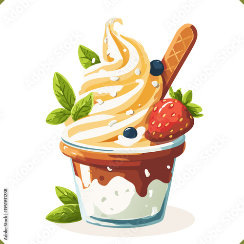 Vector illustration of vanilla gelato sundae in a glass bowl with caramel sauce and berries, isolated on a white background