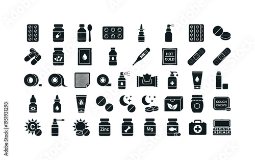 Over the counter pharmacy essentials including pain relief tablets, vitamin capsule bottle, cough syrup bottle, throat lozenges