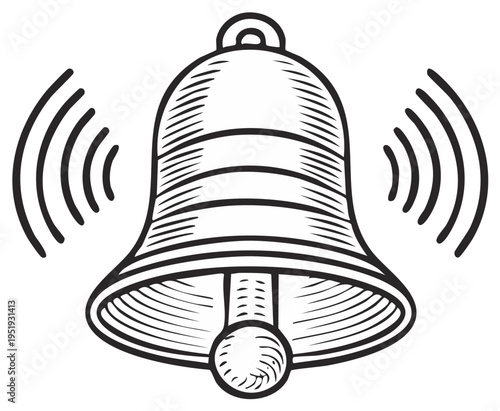 Engraved illustration of a ringing bell with sound waves