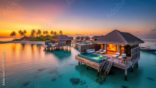 A serene tropical resort with overwater bungalows at sunset