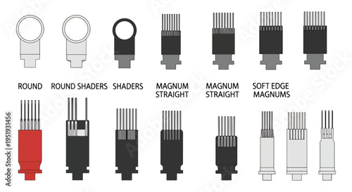 Diverse assortment of tattoo needles showcasing various shapes and sizes presenting a collection for artists with specialized tools suited for shading and outlining in body art aiding in design