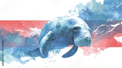 Majestic manatee in vibrant watercolor technique with abstract blue and red background.