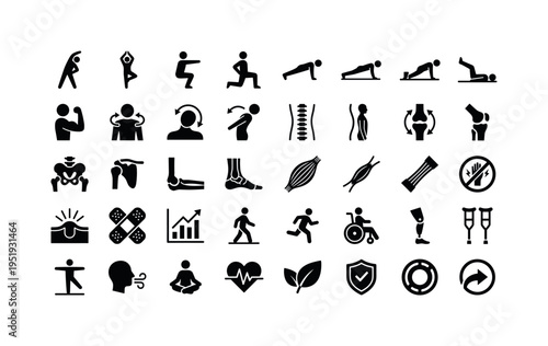 Physical therapy movement and recovery symbols showing stretching pose figure, yoga balance pose, squat exercise pose, lunge