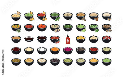 Plant based sauces and dips including hummus bowl, guacamole bowl, salsa bowl, pesto bowl, tahini sauce bowl, peanut sauce bowl,