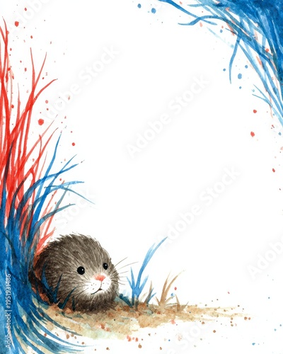 Cute mole peeking from colorful grass watercolor illustration with copy space for cards and nursery design