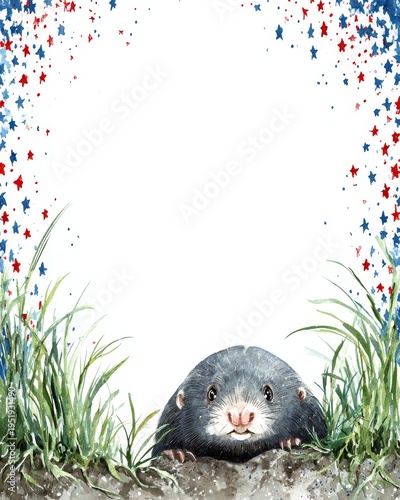 Watercolor mole peeking from its hole with red and blue stars border for American Independence Day celebration