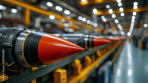 Missiles on a production line reflecting military engineering and defense industry
