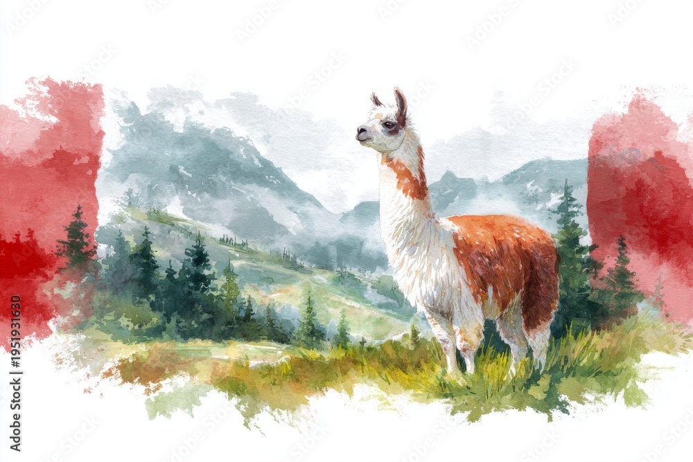 Naklejka premium Watercolor illustration of a llama standing in a misty mountain landscape with pine trees and artistic red splashes