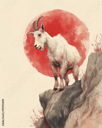 Majestic mountain goat standing on a rocky cliff with a vibrant red sun.