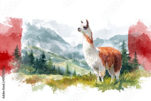 Watercolor illustration of a llama standing in a misty mountain landscape with pine trees and artistic red splashes