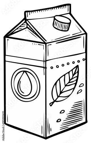 Sketch illustration of a plant based milk or juice carton with leaf and drop icons
