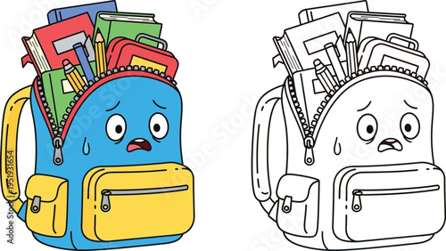 Funny Overloaded School Backpack Character Illustration and Coloring Page Vector Back to School Stress and Education Concept for Kids Activity