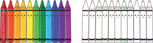 Happy Rainbow Crayons with Faces Lined Up in a Row Cartoon Illustration