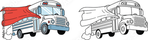 Super School Bus with Red Cape and Dust Trail Cartoon Illustration