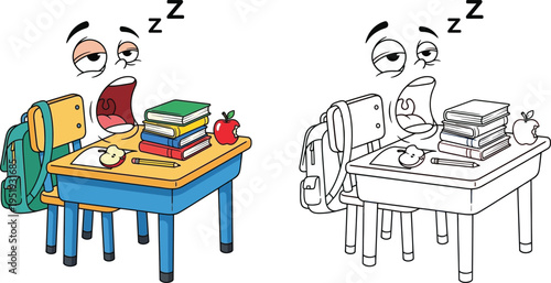 Sleepy Yawning School Desk Character with Books and Apple Cartoon Illustration