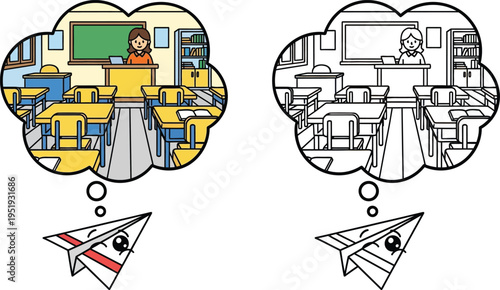 Paper Airplane Dreaming of a Classroom with Teacher and Desks Cartoon