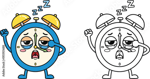 Sleepy Yawning Alarm Clock Cartoon Character Waking Up with ZZZs Above