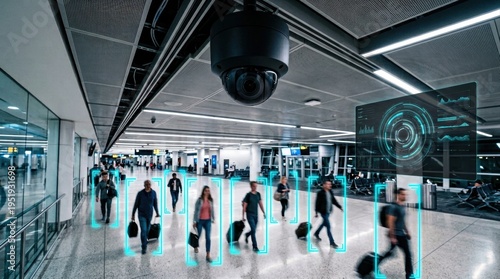 travelers passing through airport security check under surveillance with digital technology overlay