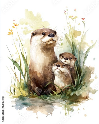 Watercolor painting of a loving otter family in a natural habitat
