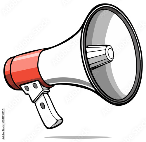 Retro cartoon megaphone with a red handle and white speaker amplifying sound for announcements and protests