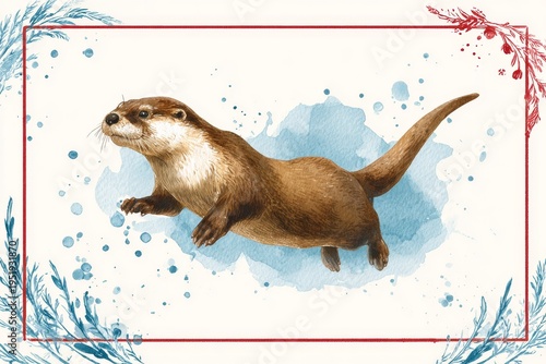 Watercolor river otter illustration swimming in blue water with artistic red frame and foliage borders