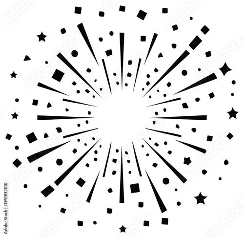 Explosion of geometric shapes in black and white radiates from a central point in a dynamic vector pattern.