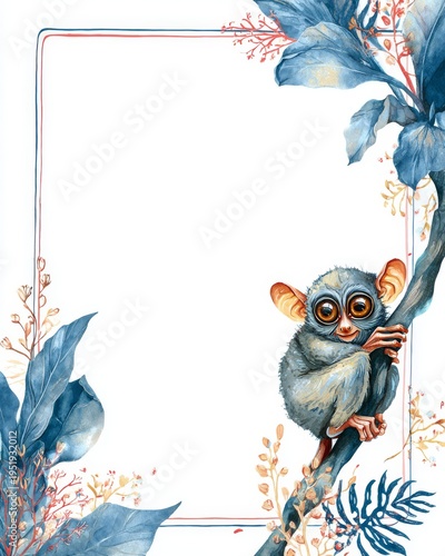 Cute tarsier on a branch with watercolor tropical foliage frame. Exotic animal design.