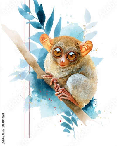 Cute watercolor tarsier with big eyes on a branch, adorable primate wildlife.