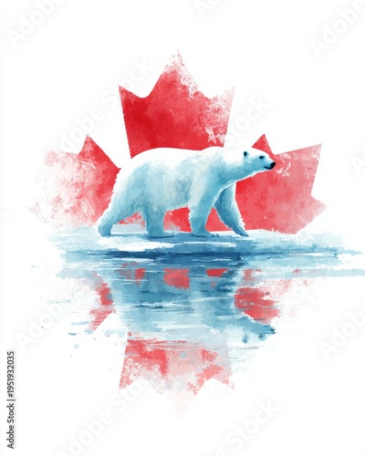 Artistic watercolor of a polar bear walking on ice with a red Canadian maple leaf and water reflection.